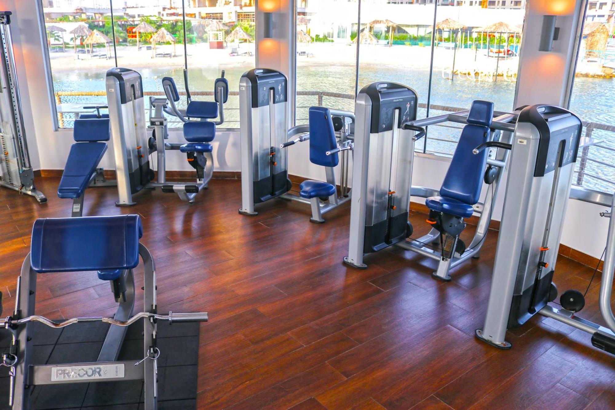 Lagoona Beach Luxury Resort And Spa Manama Luaran gambar The photo shows a gym or fitness center with several pieces of exercise equipment. There are multiple machines designed for strength training, including seated machines with padded seats and backrests. The equipment appears to have a modern design an
